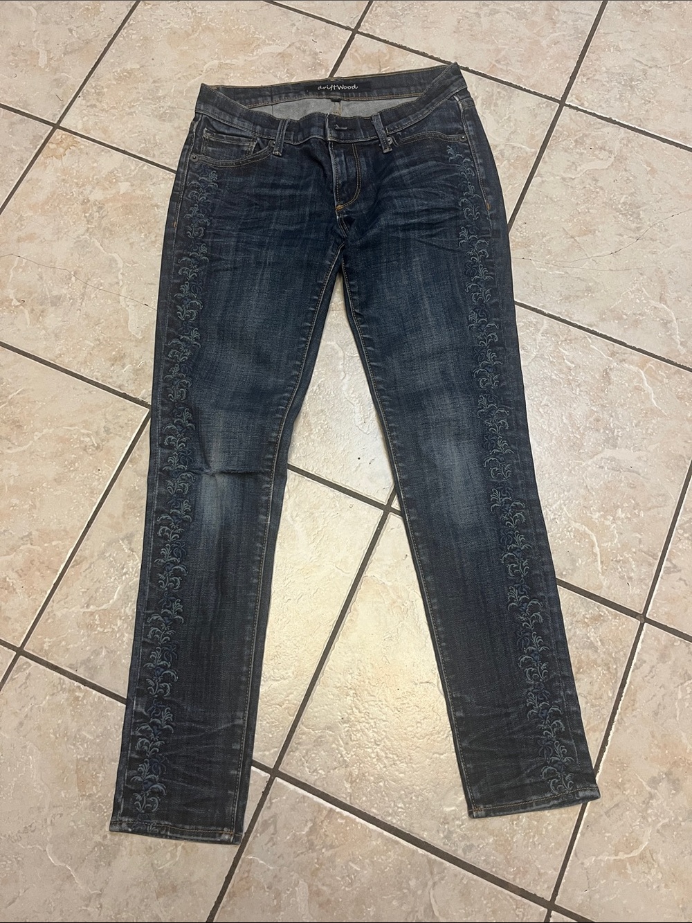 DRIFTWOOD Dark Blue Skinny Jeans with Side Embroidery